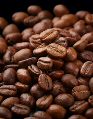 Richly roasted coffee beans in shades of deep brown, displayed close-up to highlight detailed textures and their enticing aroma Generative AI
