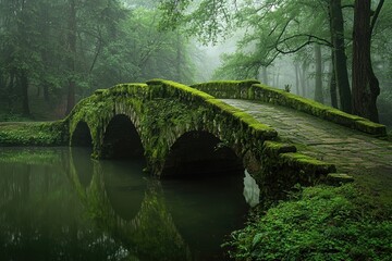 Fototapeta premium Mossy Stone Bridge in Misty Forest
