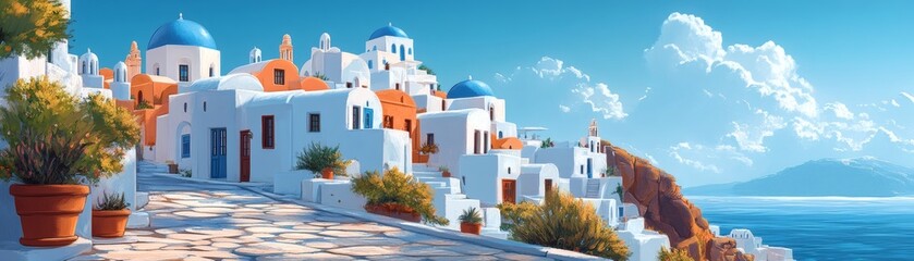 Oia village Santorini island Greece. Picturesque whitewashed houses, blue domes, Aegean Sea view. Stunning landscape