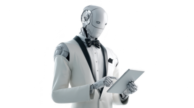 Robot assistant png isolated using the tablet for learning.