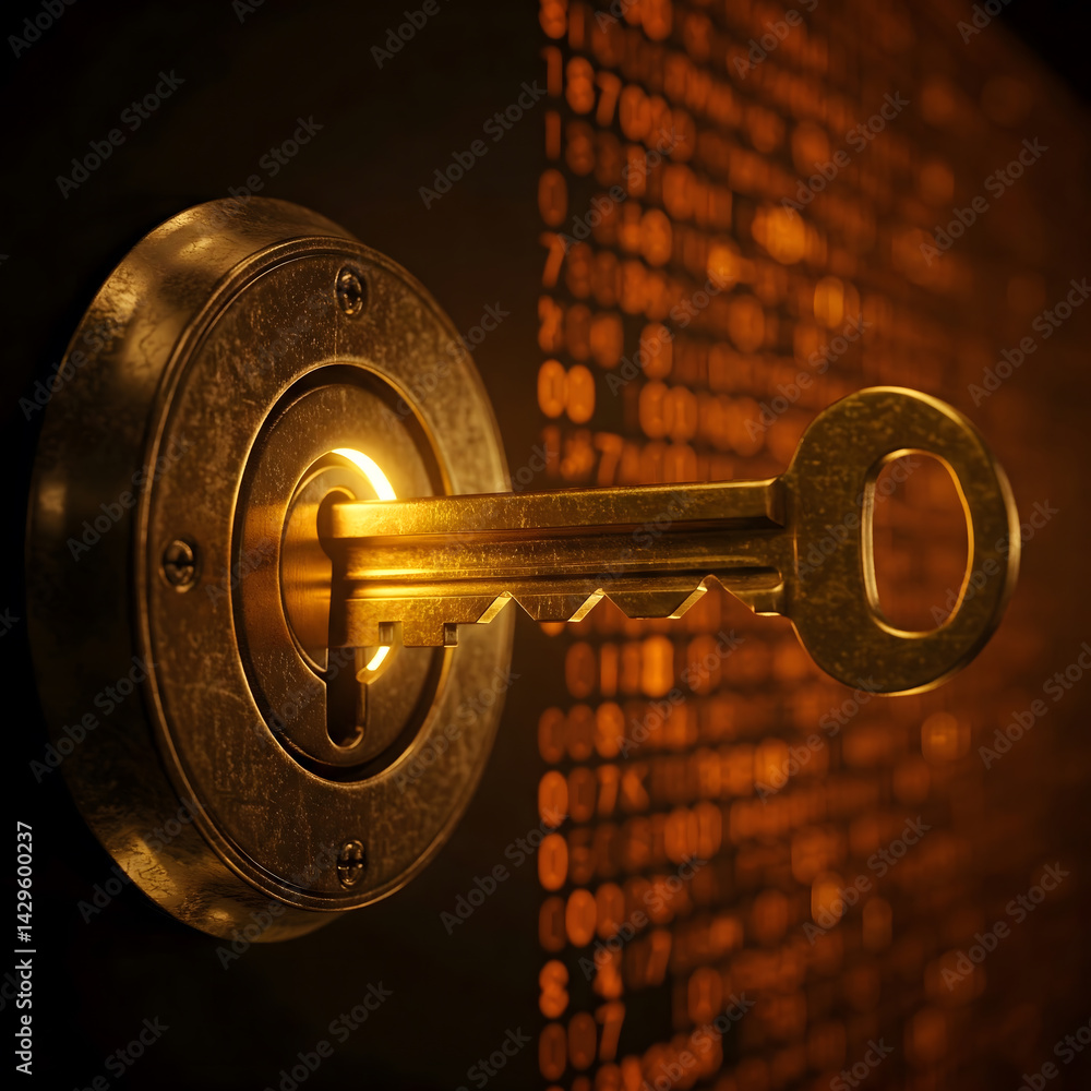Poster a golden key inserted into a glowing keyhole, set against a backdrop of digital data. generative ai.