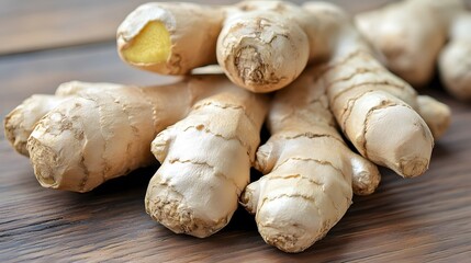 Fototapeta premium Fresh Organic Ginger Root Closeup on Wood