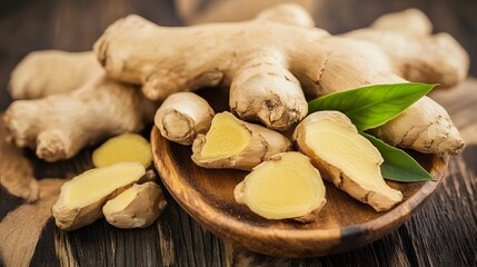 Fresh Ginger Root Slices on Wooden Bowl Background