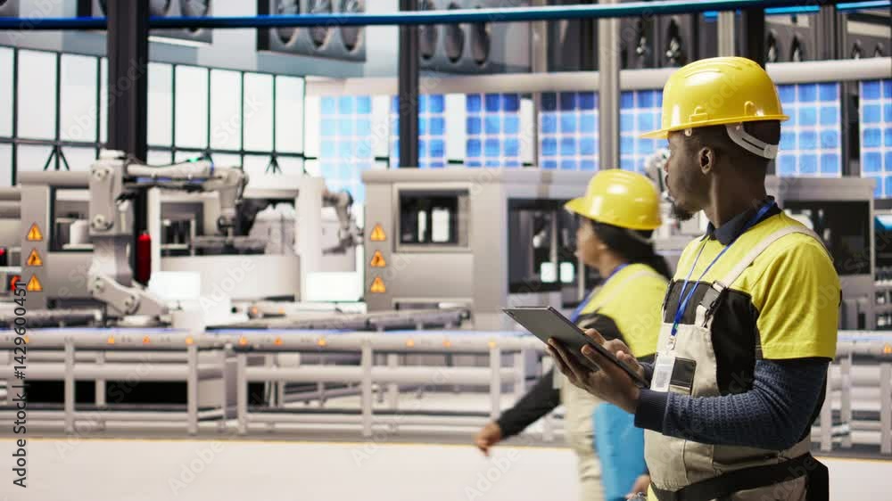 Poster smart factory specialist testing automated systems, monitoring operational integrity. industry 4.0 p