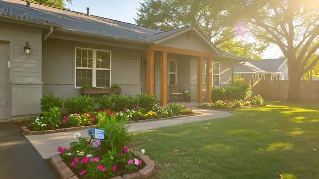 Cozy single-story home with garden at sunset