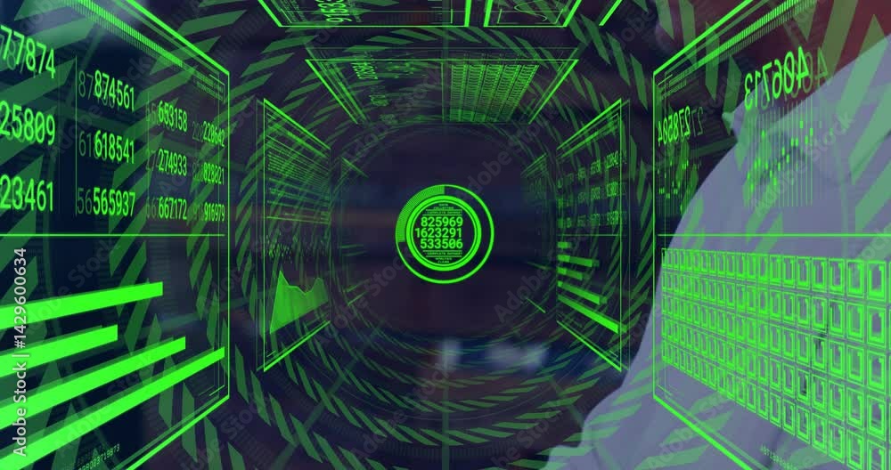 Poster data analyst interacting with tech control room interface, displaying green holographic data panels
