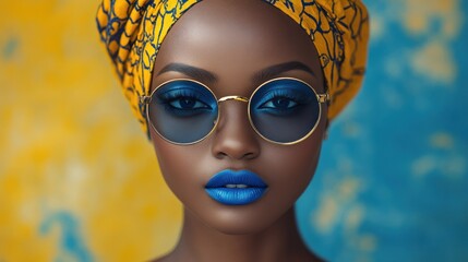 Woman with yellow headwrap and blue lipstick wearing round blue sunglasses.