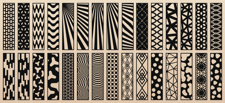 Big vector set of 30 templates for laser cut, CNC, plotter. Unique design with abstract geometric patterns, trendy new ornaments. Stencil for cutting of wood, paper, metal, plastic. Aspect ratio 1:4