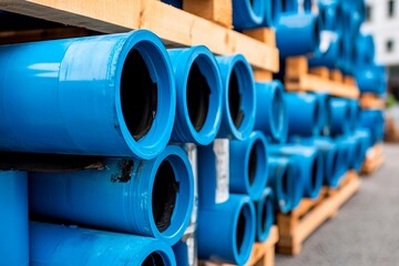 Stacks of vibrant blue plastic pipes are neatly arranged in a construction yard. Wooden pallets hold the pipes, creating an organized display at a building site