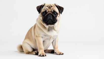 Adorable pug dog sits, isolated on white background , white, dog
