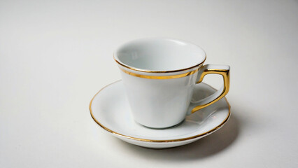 An elegant white teacup with gold trim, resting on a matching saucer, presented against a neutral backdrop.