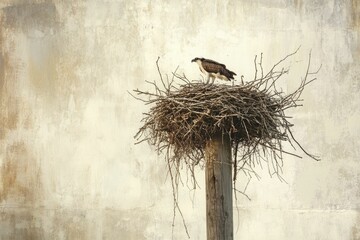 An osprey perched on a large nest atop a weathered wooden post against a textured wall.