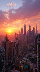 Fototapeta premium Aube Éblouissante sur la Silhouette Moderne de la Ville