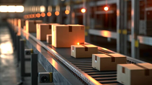 Boxes Moving on Conveyor Belt - Warehouse Distribution and Logistics Operations