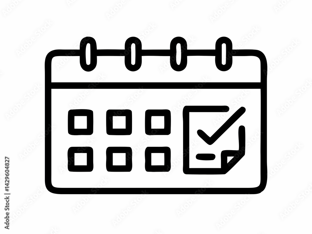 Poster scheduling with calendar icon and checkmark, event complete