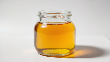 A jar filled with golden honey is showcased against a clean white backdrop, close-up.