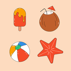 Set of summer elements. Ice cream, star, coconut, ball