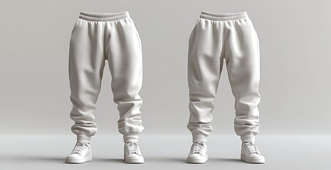 Sweatpants Mockup &ndash; Two Pairs of White Sweatpants with Elastic Waistbands and Gathered Cuffs on Neutral Background for Activewear Branding

