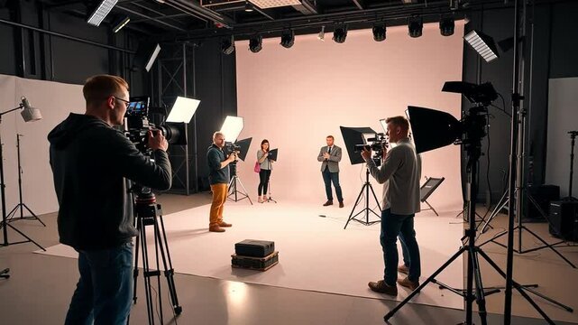 Professional photoshoot in a photo studio with a team in action behind the scenes