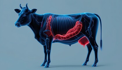 Detailed anatomical illustration of a cow's digestive system.