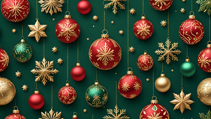 Seamless Christmas Pattern with Green Background, Hanging Golden and Red Ornaments, Decorative Snowflakes, Stars, Baubles and Festive Lights