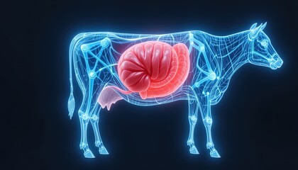 Detailed anatomical representation of a cow's digestive system.