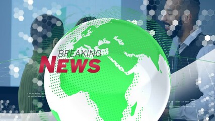 News team delivering update in digital studio, showing Breaking News text, globe and hex patterns - Powered by Adobe