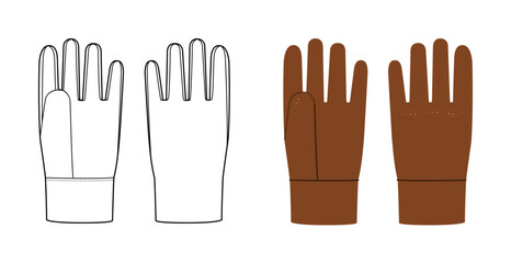 Fleece Gloves brown cartoon and flat sketch outline Fashion hand accessory clothing technical illustration garment. Vector front back view for Men, women style template CAD mockup on white background