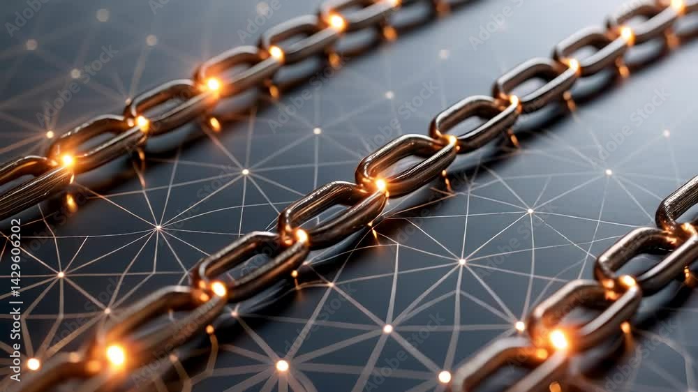 Poster close-up view of interconnected metallic chains on a futuristic geometric background with glowing el