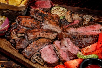 Abundant Assortment of Grilled Meats and Vegetables on Wooden Board, Including Steaks, Ribs, and Grilled Veggies, Generous Treat for Restaurant Menu or Culinary Blog.