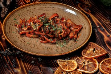 Spicy Pig Ear Salad on Plate, Asian Cuisine, Served on Wooden Table with Dried Oranges and Seasonings, for Culinary Blog and Restaurant Menu.
