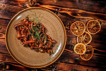 Pig Ear Delicacy on Plate with Dried Orange Decor on Wooden Table, Top View, Asian Cuisine Menu for Culinary Blog and Advertisement.