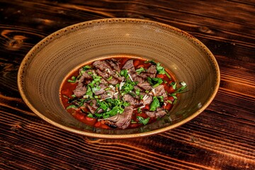 Meat Dish with Tomato Sauce, Sliced Meat and Herbs in Deep Bowl, Strict Top View on Dark Table