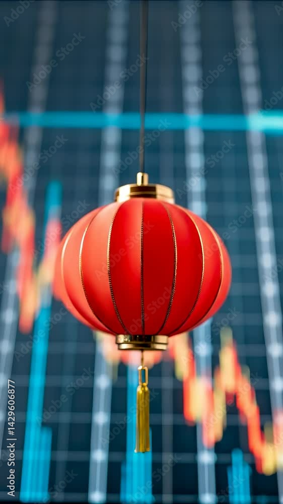 Poster red lantern hanging in front of market trend graph with fluctuating lines depicting financial data a