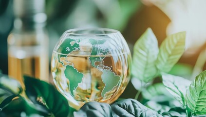 Earth globe in a glass bowl, surrounded by lush greenery.  A still life image promoting environmental care and sustainability