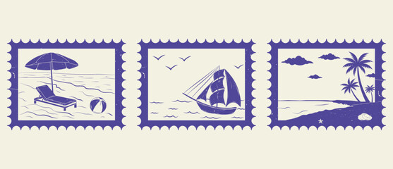 A set of vintage hand-drawn summer vacation postage stamps. Monochrome ink. Retro vector illustration.
