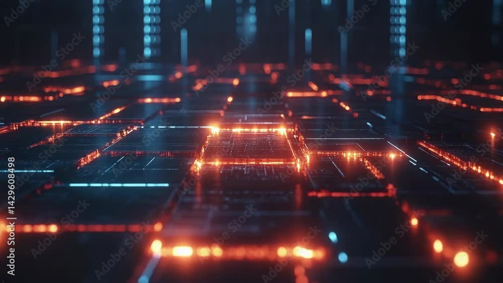 Poster abstract futuristic electronic circuit board with glowing orange and blue light pattern on a dark ba
