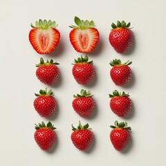 Fresh, juicy strawberries arranged in a grid pattern.  Halves of strawberries are positioned between whole ones