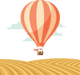 Obraz premium Hot air balloon flying over golden field landscape with soft clouds vector illustration 