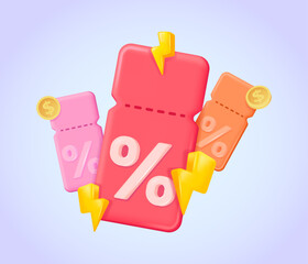 Hot discount coupon tags with lightning, coins and confetti in pseudo 3D style for sales and promotions. 3d vector illustration.