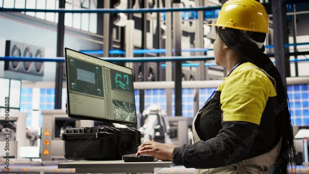 Aufkleber technician in industrial plant monitors production equipment using pc software, diagnosing malfuncti
