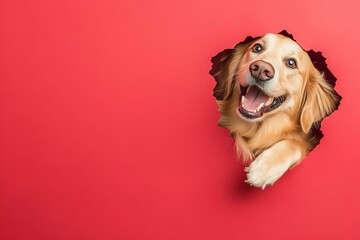Golden Retriever peeking through torn pink paper
