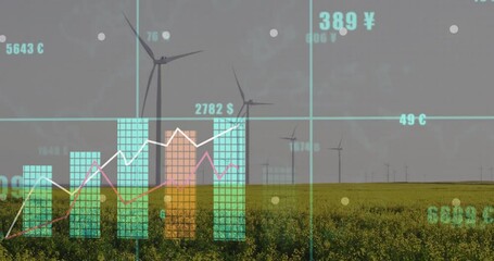 Turquoise and orange bar charts being overlaid on yellow field with wind turbines and line graphs - Powered by Adobe