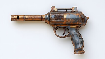Rusty steampunk pistol with white background.