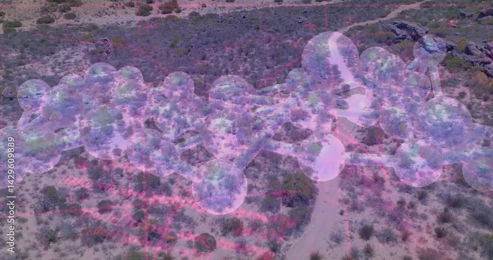 Aufkleber 3d network of translucent spheres linking through thin rods hovering over desert with pink grid