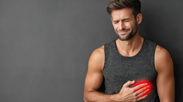 Adult male with hand on painful side experiencing discomfort, grimacing with eyes closed, wearing a striped tank top against a grey backdrop.