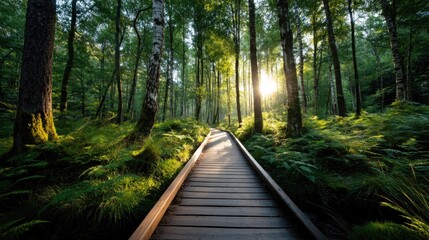 Sunlight illuminating a wooden walkway through a lush forest.
