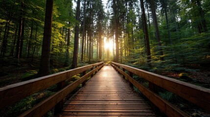 Wooden walkway through a sunlit forest at dawn.