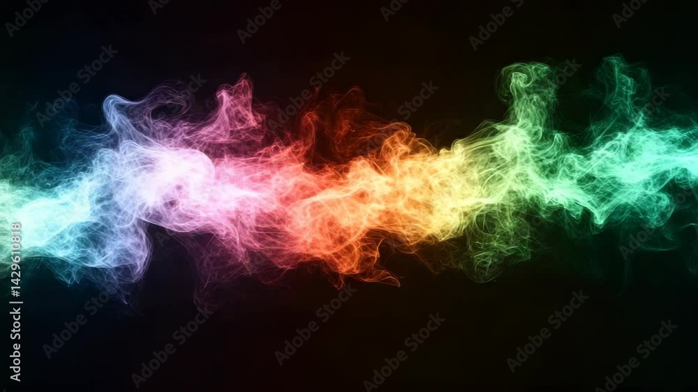 Poster abstract multicolored smoke trails float horizontally across a stark black background creating a vib