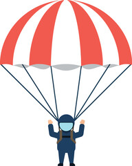 Parachutist with red and white canopy landing vector illustration in flat style 